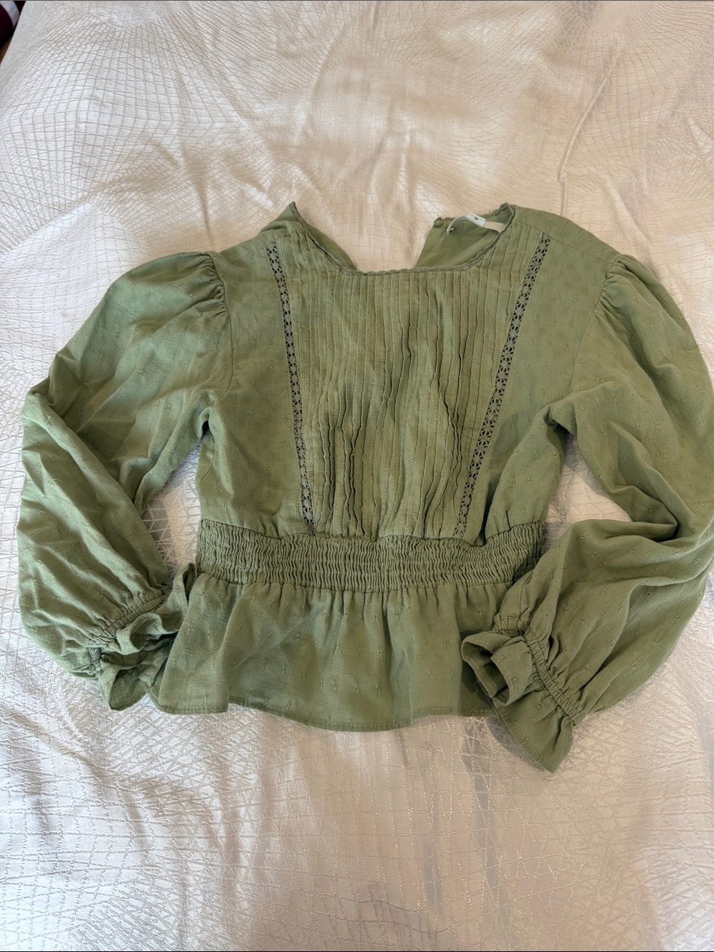 Zara Olive Green Pintuck Smocked Waist Peasant Top
